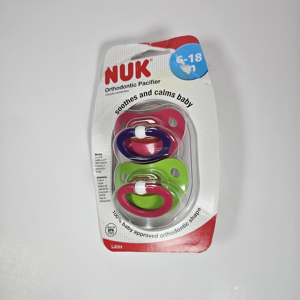 NUK Latex Orthodontic Pacifiers 18-36 Months Pink Green BPA Free 2 Pack 3310R